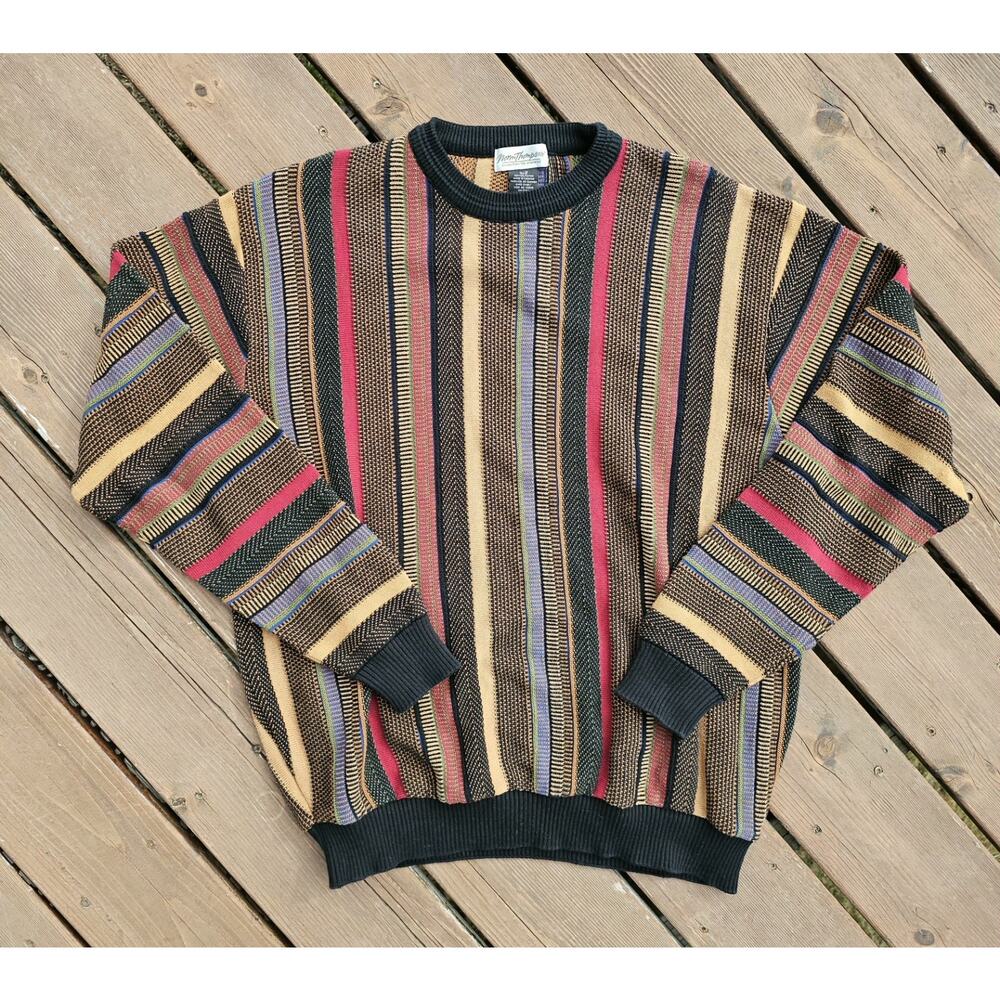 Vintage Norm Thompson Sweater Mens Size Large Striped Colorful Grandpa